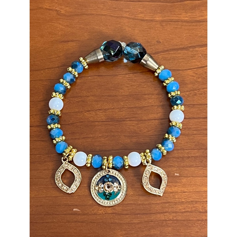 Blue Gold Beaded Stretch‎ Charm Bracelet Medallion Leaf Accents Boho Style